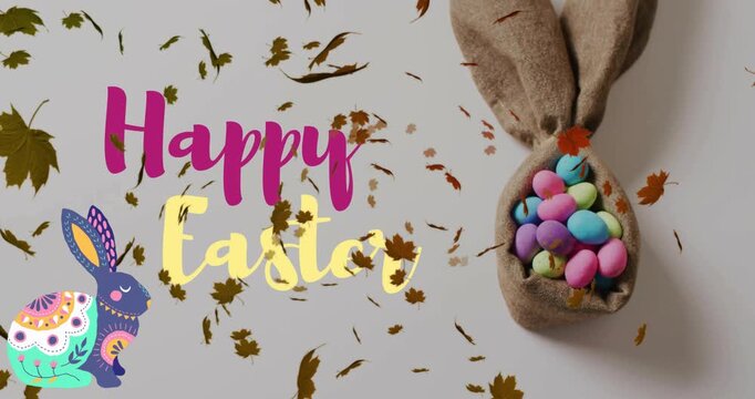 Leaves entering top left swirling and brushing bag with pastel eggs enhancing Happy Easter greeting