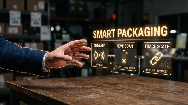 Businessman interacting with smart packaging technology display showing RFID sync, temp scan, and trace scale features for efficient inventory management and tracking
