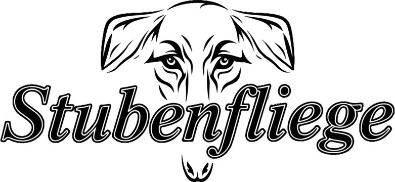 Stylized black and white illustration of a dog's face above text
