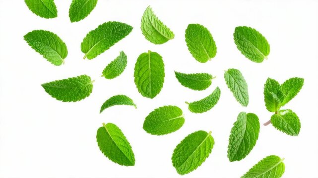 Scattered fresh green mint leaves against a clean white background, top down view