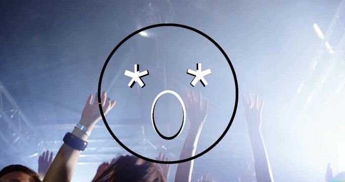 Music crowd raising hands under haze, responding to music, animation syncing, drawing, fragmenting