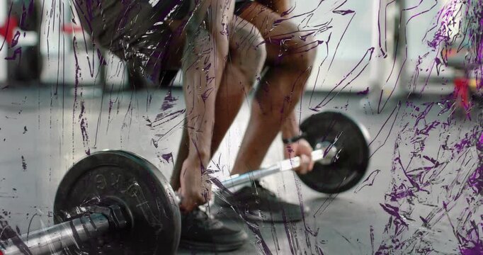 Man gripping barbell and starting deadlift for strength, scratched overlay showing lift and stance