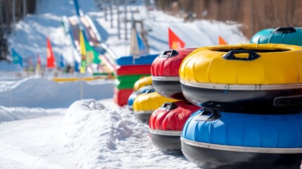 Fototapeta premium Colorful Inflatable Tubes Stacked on Snowy Hill for Winter Tubing Adventure