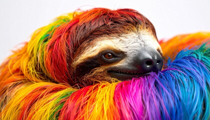 Fototapeta premium Colorful Sloth Wrapped in Bright Rainbow Fur Displaying Joyful Spirit