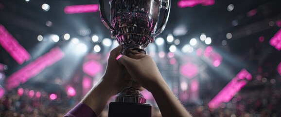 Fototapeta premium Hands holding a silver trophy aloft in a stadium with bright pink and white lights.