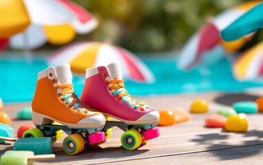 Fototapeta premium Bright Roller Skates with Neon Wheels Resting by a Colorful Poolside Scene