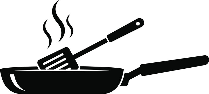 Silhouette of frying pan and spatula isolated on transparent background