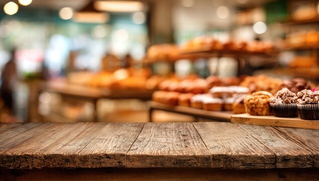 Rustic Wooden Table in Front of a Bakery Display Case.