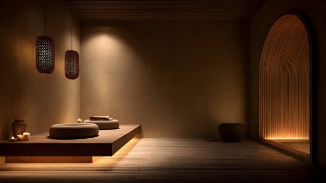Realistic photo of a luxury relaxing spa room with a minimalist massage bed soft ambient lighting natural wood textures and biophilic indoor plants for high-end wellness and serenity concepts