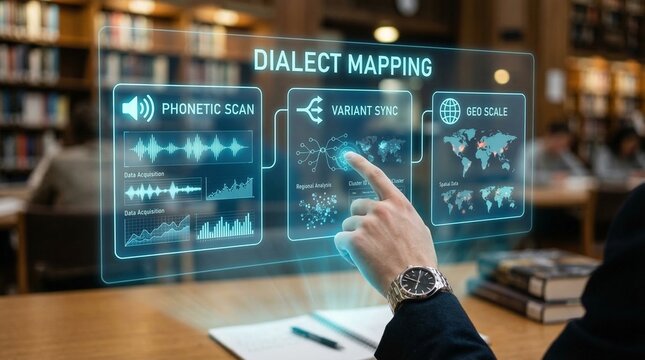 Person interacting with virtual dialect mapping interface on a transparent screen