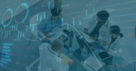 Analyzing medical team at glass table, wearing white coats, scrubs, stethoscopes, analytics overlay © vectorfusionart