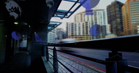 Naklejka premium Framing metal railing and canopied walkway along city road, showing vehicle streaks and overlays