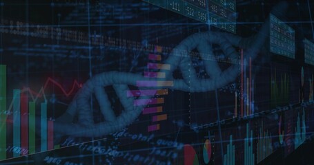 Naklejka premium Displaying 3D DNA helix integrating overlaid charts in digital analytics wall, with candles