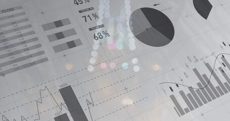 Displaying grayscale financial dashboard at office, with pie chart, bar charts, 45% 71% 68% labels