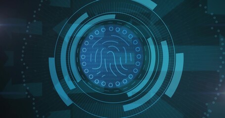 Obraz premium Glowing central biometric fingerprint icon scanning dark teal HUD, showing concentric rings