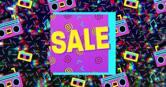Displaying centered purple SALE panel on retro 80s poster, featuring boomboxes, tapes, confetti