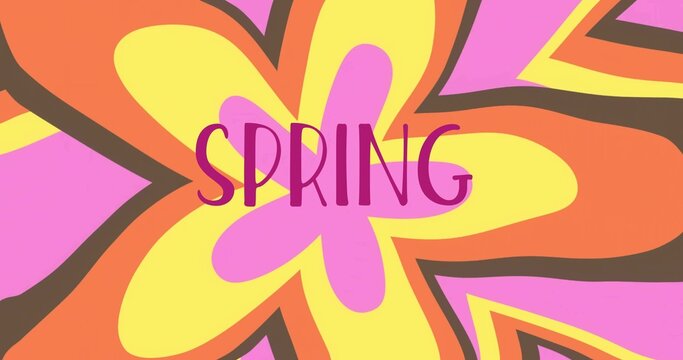 Displaying centered large stylized flower filling poster, with thick brown outlines and SPRING text