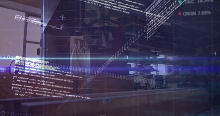 Naklejka premium Displaying large vertical machine showing spindle and worktable at factory, with binary code