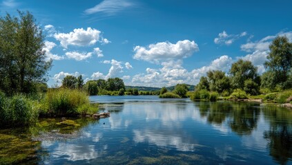 Obraz premium Serene River Landscape with Lush Greenery and Blue Sky.