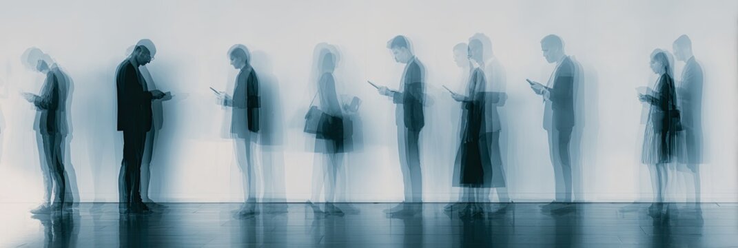 Blurred figures of people in a line, each engrossed in their mobile phones.