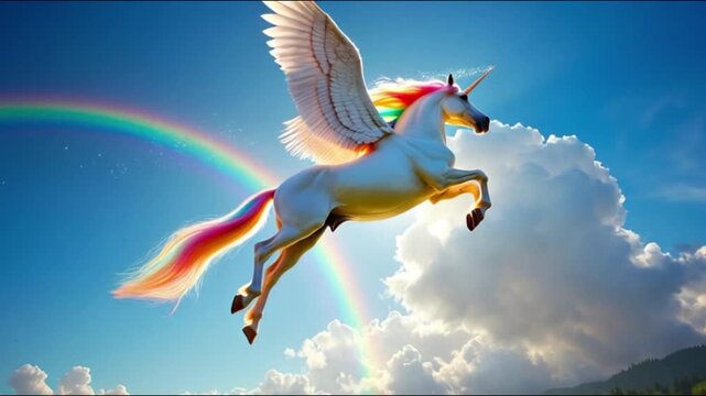 A majestic white pegasus with a flowing mane and tail gallops through the water, creating a mythical silhouette of a wild stallion in a stunning vector illustration unicorn