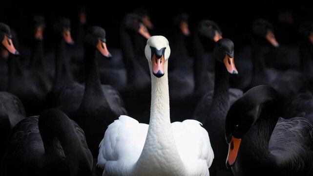 A single white swan stands out from a group of black swans
