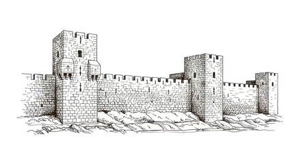 Ancient Stone Fortress Wall with Towers, Historical Architecture Illustration © Danang