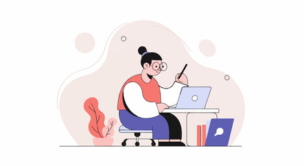 Obraz premium Person with laptop and stylus, a plant, and files on desk