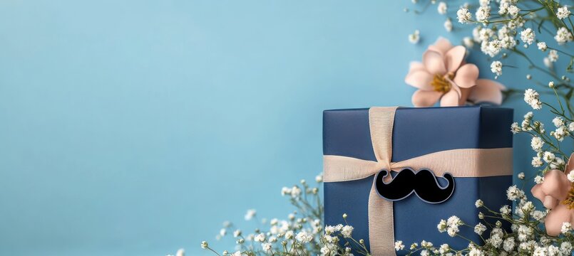 Elegant navy gift box with beige ribbon and playful black moustache surrounded by white baby's breath and soft pink flowers on a pastel blue background, cheerful celebration