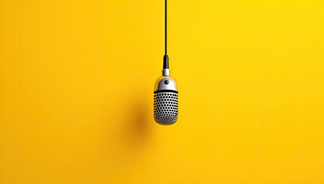 Vintage Microphone Hanging Against a Vibrant Yellow Background.