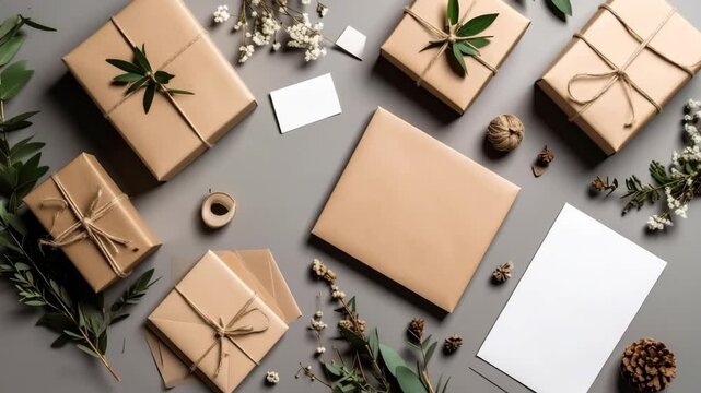 Brown paper wrapped gifts with twine and greenery on grey background flat lay
