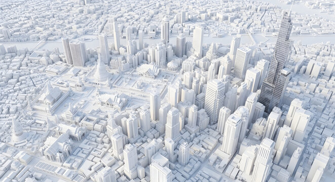Detailed white 3d model of tokyo city skyline with tokyo tower and dense skyscrapers on gray background