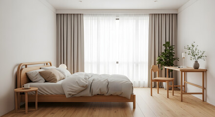 Fototapeta premium Minimalist bedroom interior featuring a wooden bed desk and sheer curtains