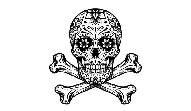Ornate Dia de los Muertos Sugar Skull with Crossed Bones Line Art Vector