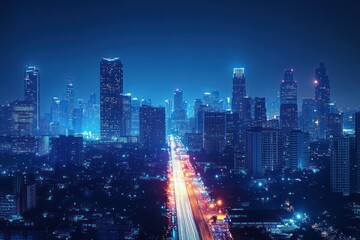 neon-blue night city skyline with glowing skyscrapers and a central highway of golden light trails, evoking a vibrant futuristic energy