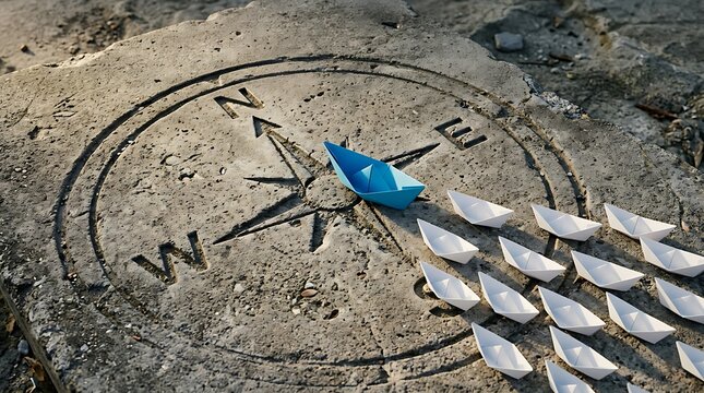 Blue paper boat leading white paper boats on stone compass symbolizing leadership and direction in business