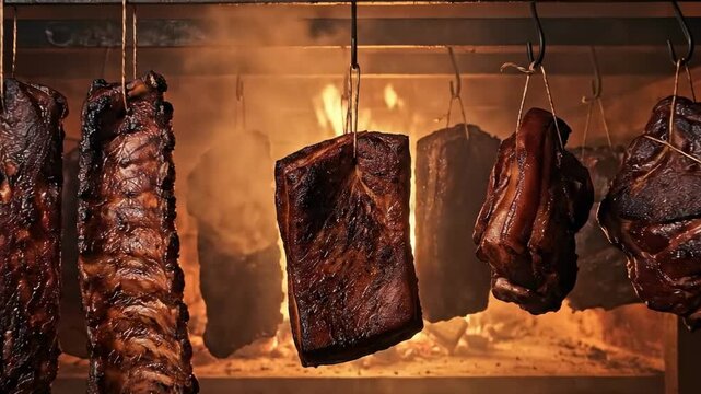 pork meat cuts - Succulent cuts of meat hang from hooks in a smoky barbecue pit, illuminated by flickering flames and glowing embers, showcasing a delicious cooking process