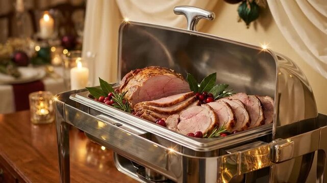 pork meat cuts - A beautifully presented roast ham sits in a silver chafing dish, garnished with fresh herbs and cranberries, set against a cozy, festive holiday backdrop