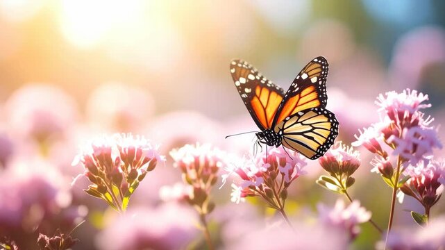 Monarch butterfly resting on pink wildflowers in soft sunlight during spring or summer