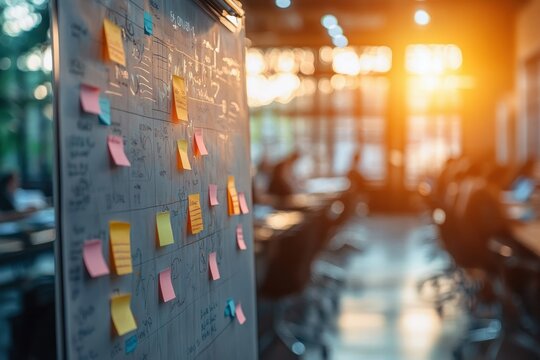 whiteboard covered with colorful sticky notes and handwritten plans beside a sunlit blurred office with chairs, evoking collaborative energy and focused creativity