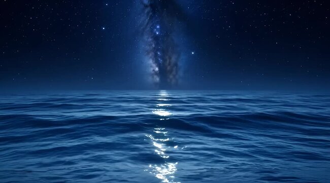 Milky Way galaxy reflecting on calm ocean water at night, starry sky background