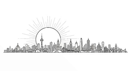 Obraz premium Sketchy skyline silhouette with sunburst on a white background