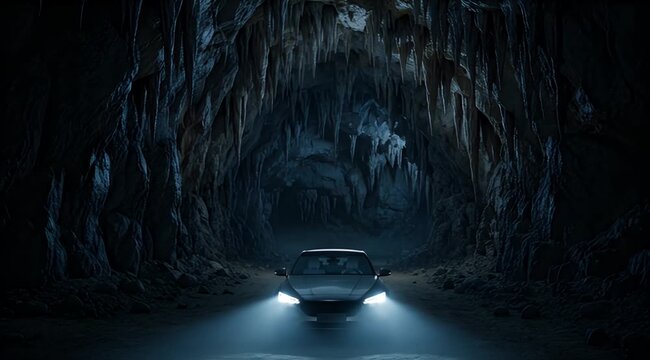 Headlights of a car cutting through the gloom of a cavern with hanging formations