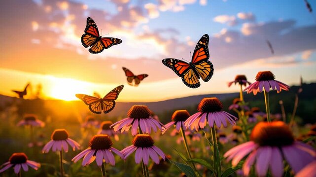 Monarch butterflies fluttering above a field of purple coneflowers at sunset
