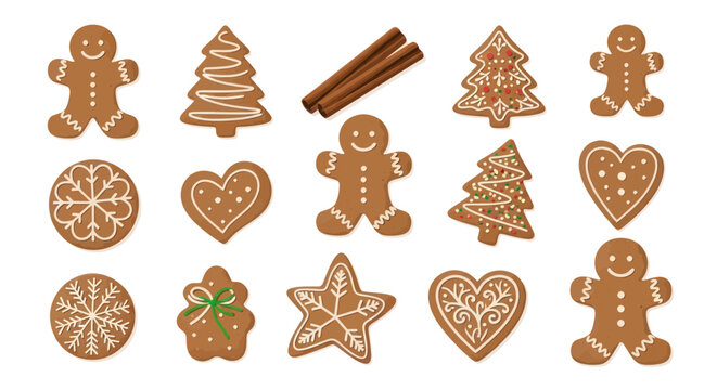 Christmas Gingerbread Cookies Collection with Cinnamon Sticks on White Background