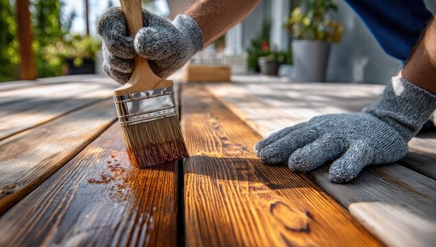 Close-up of hands in gloves applying wood stain to an outdoor deck with a brush.