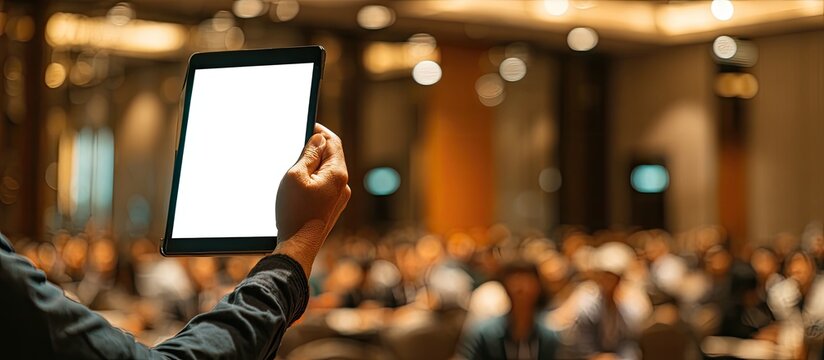 A person holds up a tablet with a blank screen in front of a blurred audience at an event.