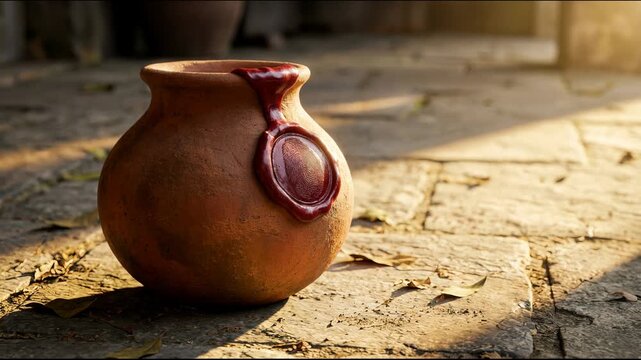 Clay Pot With Red Wax Seal On Stone Pavement In Soft Sunlight