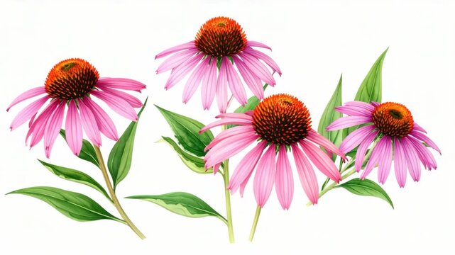 Four blooming pink coneflowers with detailed orange centers and green leaves isolated on white
