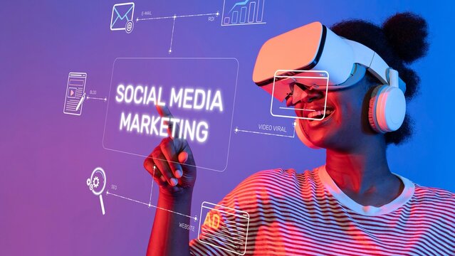 A woman experiencing virtual reality is surrounded by visual elements related to social media marketing, illustrating the intersection of technology and marketing strategies. Raster